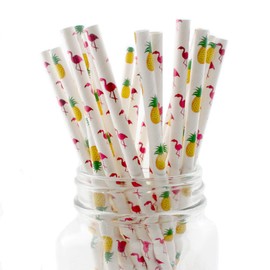 Ipalmay Flamingo Pineapple Hawaii Theme Paper Straws, Disposable Biodegradable, 7.75 Inches, Pack of 100