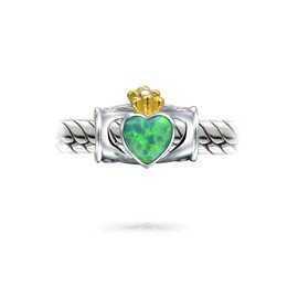 Geometric Pink White Blue Created Opal Inlay Barrel Scroll Milgrain Bff Heart Crown Irish Claddagh Charm Bead For Women Teen .925 Sterling Silver October Birthstone, Opal