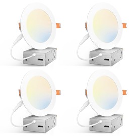 Amico 4 Pack 5 Inch 5CCT Ultra-Thin LED Canless Recessed Ceiling Light with Junction Box, 2700K/3000K/3500K/4000K/5000K Selectable, 11W=75W, 900LM High Brightness, Dimmable Wafer Downlight-ETL&FCC
