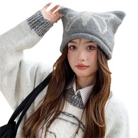 YANHUILAY Cat Ear Knit Hat, Knit Cap, Autumn Winter Warm Cute Hat, Small Face Effect, Soft, Stretchy, Cold Weather Knit Hat, Subculture Type, y2k, Mine Type, Fashion, Birthday Gift, Women's Gray, gray
