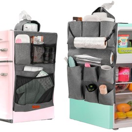 CROTIRAD 15 Pouches Mini Fridge Organizer, Dorm Fridge Cover with Tissue Pocket for Most Home Refrigerators, Hanging Strap Mini Fridge Storage Organizer Bag for Bedroom, Dorm, Office, Kitchen, Gray