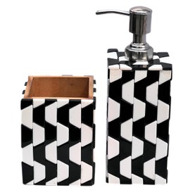 Handcrafted Black White Bone Inlay Bathroom Set with Soap Dispenser Toothbrush Holder Elegant Vanity Organizer Modern Home Decor