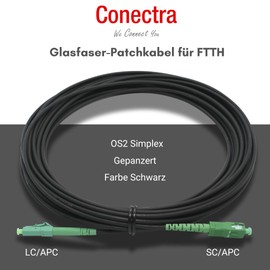 Conectra® - Fibre Optic Cable Armoured OS2 LC/APC to SC/APC Black Ideal for Home Networks Suitable for Deutsche Telekom, Vodafone, 1&1, German Fibre Optic and Many More (Length 7 Metres)