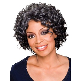 Meredith Wig Color FS1B/30 - Foxy Silver Wigs Mid Length Spiral Curls Heat Friendly Synthetic African American Womens Beach Waves Lightweight Average Cap Bundle MaxWigs Hairloss Booklet