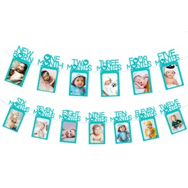 1st Birthday Baby Photo Banner for Newborn to 12 Months, Monthly Milestone Photograph Bunting Garland, Monthly Photo Banner for Baby Boys Girls First Birthday Party Celebration Decoration (Blue Glitter)