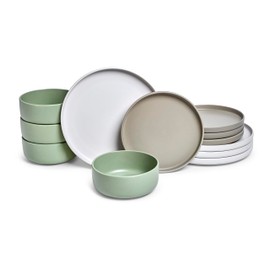 Sango Rollo Alta 12-Piece Modern Stoneware Dinnerware Set- Sage/Sand/White, Includes Dinner & Salad Plates, Cereal Bowls, Microwave & Dishwasher Safe, Highly Chip and Crack Resistant, Service for 4