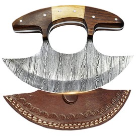 SHARDBLADE Alaskan Ulu Knife with Sheath, Handmade Forged 6" Damascus Steel Pizza Cutter Rocker Knife with Non-Slip Wooden Handle, Premium Food Salad Chopper Knife, Traditional Inuit Eskimo Ulu Copper