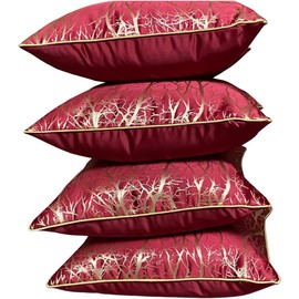 RKAAS HOME Decorative Luxury Jacquard Silk Soft Designer Square Cushion Cover for Living Room Sofa Couch Bed 45cm x 45cm 18x18 Inches (Pack of 4 - Branch Pattern - Red)