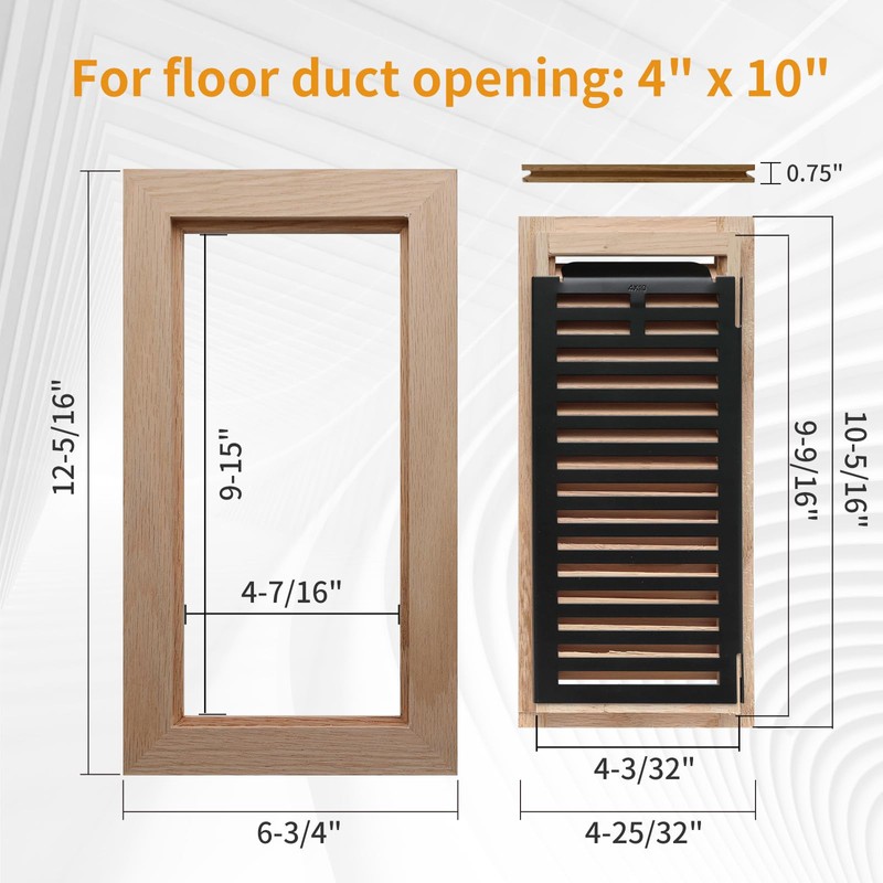 Oak Floor Register for 4x10 Inch Duct Holes - Flush