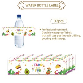 32pcs Colorful Taco Bout Fun Water Bottle Labels, Funny Birthday Bottle Wrappers for Mexican Fiesta Party, Mexican Theme Baby Shower Water Bottle Stickers, Gender Reveal Party Decoration