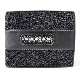 PELGIO Genuine Row Diamond Stingray Skin Leather Soft Bifold Wallet (Black)