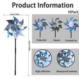 10Pack Reflective Pinwheels for Garden and Yard Decoration - Outdoor Bird Repellent Wind Spinner for Patio, Lawn, Farm Silver Wind Direction Indicator for Birds Animal Deterrent (Polka Dot)