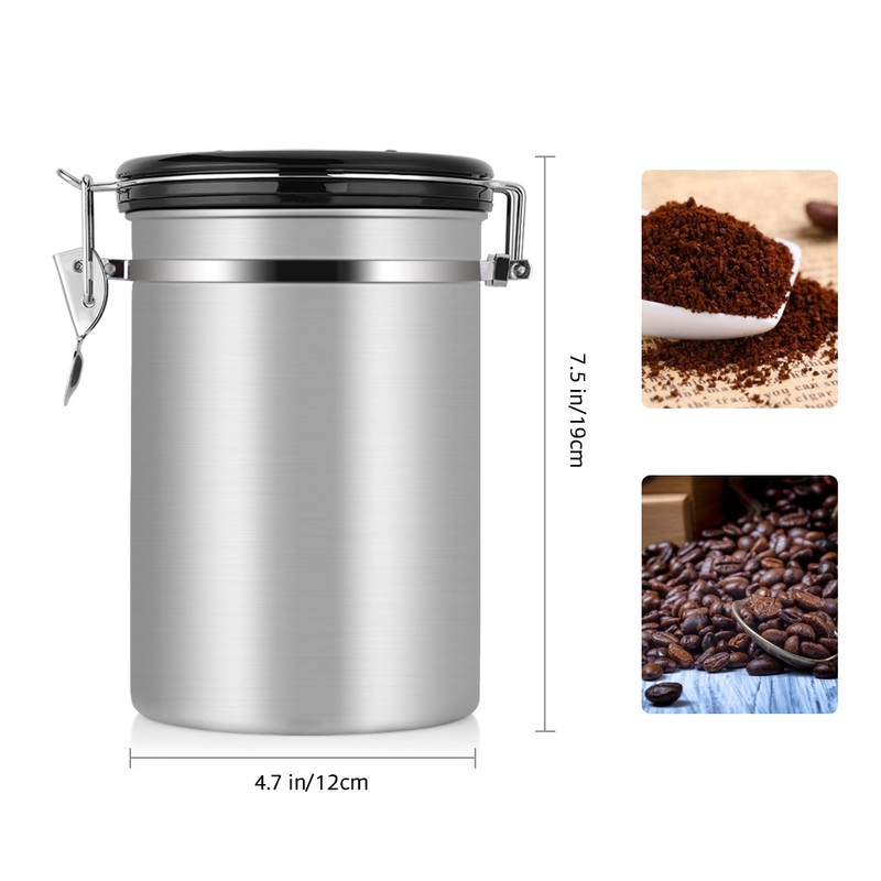 Coffee Container Large Airtight Stainless Steel Black Kitchen Storage Canister(Silver