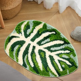 HAIJED Green Leaf Mat, 17 x 24inch Non Slip Palm Shaped Bathtub Rug, Super Absorbent Monstera Bath Mat, Cute Creative Bath Mat, Washable Shower Bathroom Rug for Bedroom Bathroom Doorway
