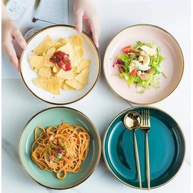 KeyChefLAB 8.25-Inch Porcelain Ceramic Deep Dish Plates for Kitchen, White Serving Bowls for Pasta Salad Noodle Poke Soup Cereal Fruit Bowl (Set of 4)