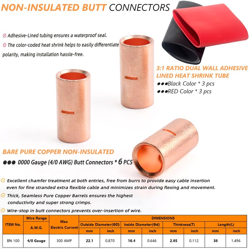 SVAAR 6 PCS 0000 Gauge Non Insulated Butt Connectors 4/0