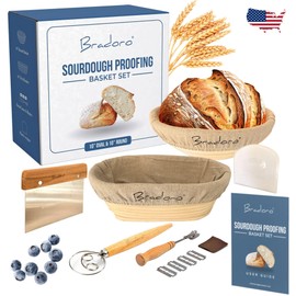 Bradoro Banneton Bread Proofing Basket Set, 10 Inch Oval & 10 Inch Round Whicker Bread Proofing Baskets with Sourdough Bread Baking Supplies, Bread Making Kit