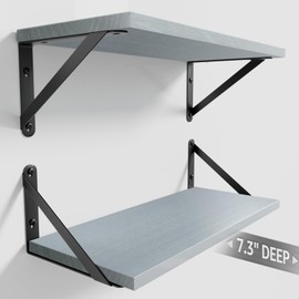 COCOYA Wall Shelves 7.3" Deep Set of 2, Solid Paulownia Wood Wider Longer Sturdy Easy to Install Wall Mounted Bookshelves Storage Shelves Bathroom Home Office Laundry Room Bedroom Organizer Gray