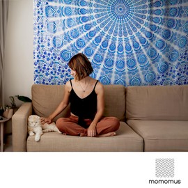 MOMOMUS Mandala Tapestry, Indian Wall Art, Aesthetic, Boho Wall Towel or Fabric Wall Hanging, White and Blue, 210 x 230 cm