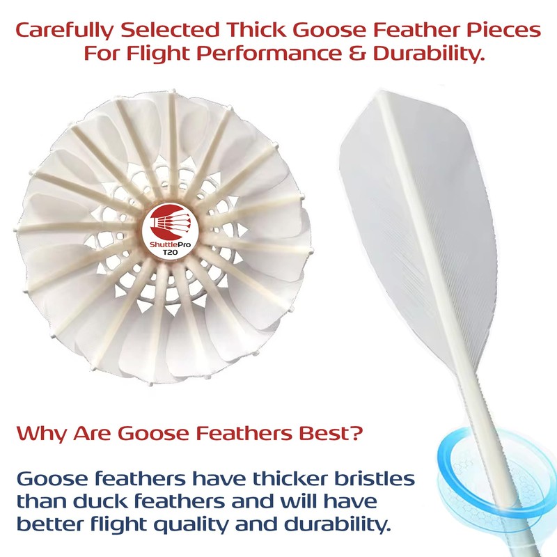 ShuttlePro T20 Badminton Shuttlecocks, 12 Pack, Goose Feather, Professional Training,