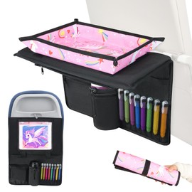 DREAMANIA Airplane Kids Tray Cover - Toddlers Travel Table with Pockets - Children Tray for Plane or Train - Travel Essential Must-Haves and Flying Supplies - Pink Unicorn