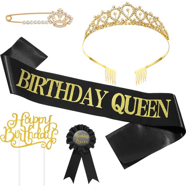 5 Pieces Birthday Accessories, Include Birthday Queen Sash, Tiara, Tinplate Badge Pin, Brooch Clip Pin and Happy Birthday Cupcake Topper for Women Birthday Party Favors