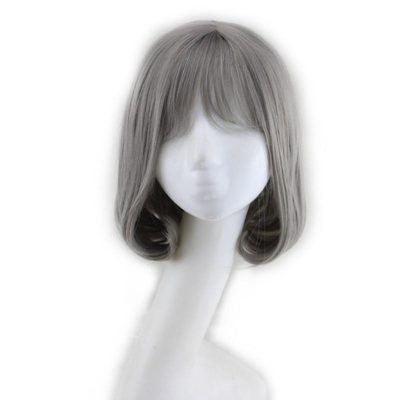 Bob Short Hair Wig Heat Resistant Synthetic Gray Breathable Fluffy