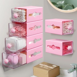 MKOSAB Qtip Holder,6 Pack Bathroom Organizer for Cotton Swabs,Balls,Pads, Floss, Hair Ties,Mini Q-tip Dispenser for Dorm,Office Storage,Vanity Accessories Home Decor,Wall Mounted No Drill (Pink-6)