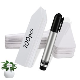 Plant Stakes for Labelling, Pack of 100 Plant Signs with 1 Felt Tip Pen, Weatherproof Plastic Signs for Labelling, Plant Stakes for Vegetables, Herbs, Flowers (White)