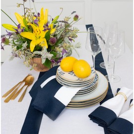 Solino Home Linen Table Runner 90 inches Long – 100% Pure Linen Navy and White Table Runner 14 x 90 Inch – Farmhouse Table Runner for Spring, Winter, Holiday– Contempo