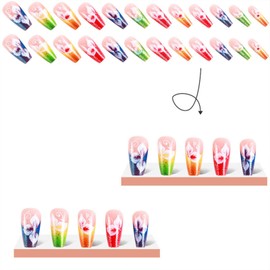 Coffin Press on Nails Medium Fake Nails with Glue Flower Designs Glue on Nails Medium Length Candy Colors Glitter French Acrylic Nails Press ons Pink Full Cover False Nails for Women 24 Pcs