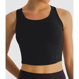 Comper Criss Cross Back Sports Bra for Women Raceback Workout Bras Longline Gym Yoga Sport Tank Top with Support Fixed Cups(Black-L)