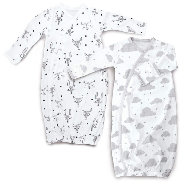 Cambria Baby 100% Organic Kimono Gowns. Side Snaps with Built in Mitts. (0-6 Months, White and Grey Clouds and Animals Patterns)