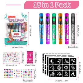 Temporary Tattoo Pen - Vaktop Tattoo Pens for Kids, 6 Tattoo Marker Pen with 4 Sheets Gem Stickers and 5 Stencils, Glitter Tattoo Gel Pens - for Kids and Adults Party Festival Dress Up