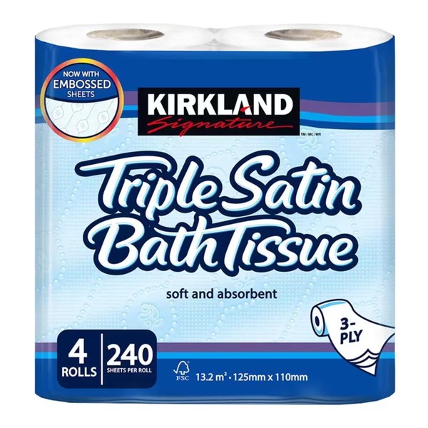 Kirkland Signature Triple Satin 3 Ply Toilet Tissue 4 Rolls Toilet Roll-1pk White 1pack