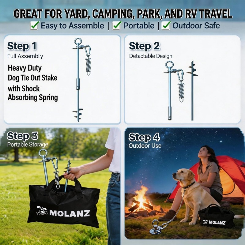 MOLANZ Dog Tie Out Stake with Shock Spring, Dual 20ft