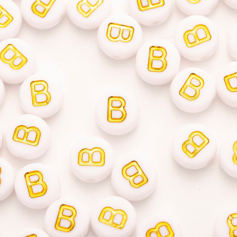 200Pcs Acrylic Letter Beads Alphabet Gold Letter B White Beads