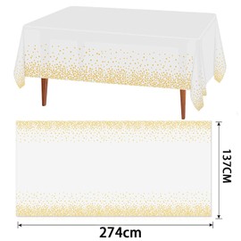 5 Pack Disposable Plastic Tablecloths,White and Gold Polka Dot Style Party Tablecloth for Rectangle Tables for Yard BBQ,Parties,Wedding,Anniversary and More 137cm x 274cm