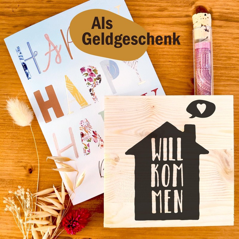 Willkommensgeschenk - Willkommen Holzbild + Reagenzglas zum Hinstellen opt. als