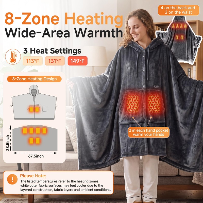 Cordless Wearable Heated Blanket Poncho, Portable Heated Shawl, 38x67