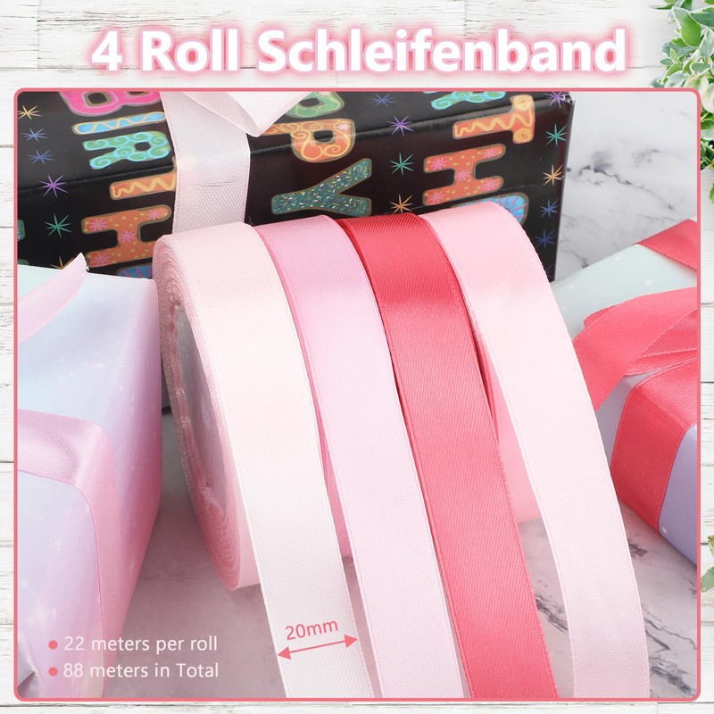 4 Rolls Satin Ribbon Pink 20 mm Wide, 88 Metres