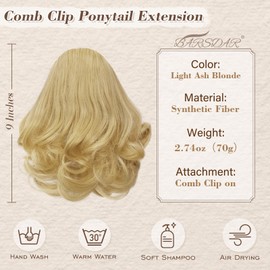 22 cm Short Wavy Ponytail Extension, BARSDAR Comb Clip Drawstring Short Ponytail Hair Extension Thick Synthetic Blonde Comb Clip Ponytail Hairpieces Natural Ash Blonde