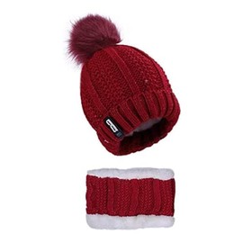 Women's Winter Hat Scarf Set Tube Scarf Hats Hats with Faux Fur Bobble Pom,Claret, black