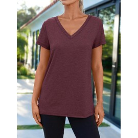 AUTOMET Short Sleeve Blouse Casual Tunic Tees Tops V Neck T-Shirts Womens Fashion Trendy Comfy Summer Outfits Clothes 2025 WineRed XL