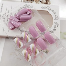 24 Pcs Square Medium Press on Nails Acrylic Fake Nails False Nails With Striped Gold Foil Designs Purple Full Cover Stick on Nails Glossy Artificial Nails for Women