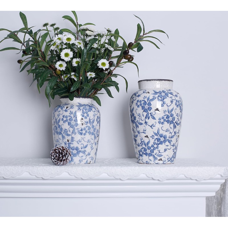 Light Blue White vase Flower Ceramic Porcelain Vintage Chinoiserie Floral