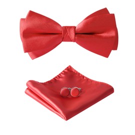 HOULIFE Bow Tie Set for Men – Adjustable Pre-tied Bowtie, Satin Polyester Bow Tie, Solid Colour Pocket Square, Cufflinks Set for Groom Wedding Formal with Gift Box (Red)