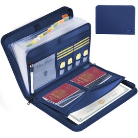 JUNDUN Accordion File Organizer - Fireproof Accordion Folder with Zipper & Labels - 12 Pocket Expanding File Folder with Multi-Pockets Paper Organizer Folder for Letter A4 Files and More (Blue)