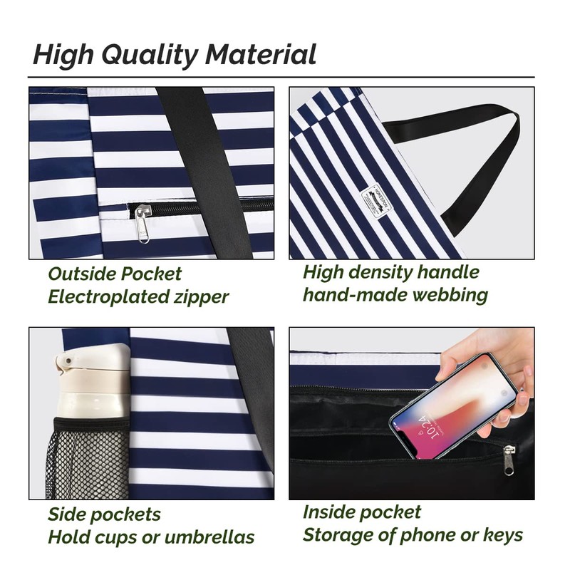 HOMESPON Large Waterproof Beach Tote Bag with Zip and Pockets