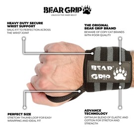 BEAR GRIP - Weight Lifting Wrist Support Straps (Black/Grey)